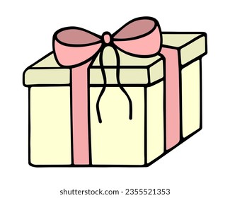 Regalo en una caja cuadrada amarilla. La sorpresa está atada con cintas rosas y decorada con un arco. Ilustración del vector de color. Fondo aislado. Estilo de caricatura. Entrega del paquete de vacaciones. 