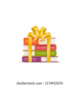 Gift of stacked books with golden ribbon and bow. Icon, symbol, emblem for bookstore, library and online shop. Holiday present. Vector illustration in flat style.