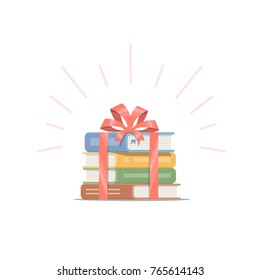 Gift of stacked books with red ribbon and bow. Concept design of book is the best present. Vector illustration in flat style.