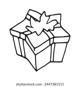 Gift in a star shape with a bow tie simple outline illustration. Single gift box contour sketch ready for surprise hand drawn logo. Birthday present and dessert pen drawing detail and decoration logo