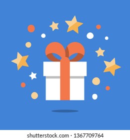 Gift with stars concept, present box with ribbon, surprising big gift, reward program, special prize, flat icon, vector illustration