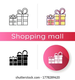 Gift store icon. Birthday boxes with bows. Christmas surprises. Festive packages. Presents shopping. Linear black and RGB color styles. Isolated vector illustrations
