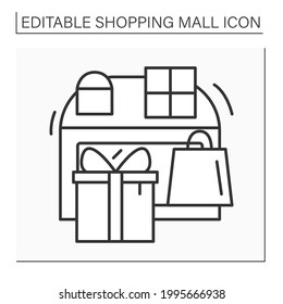 Gift store line icon. Shop with goods that suitable for giving as presents. Souvenirs, memorabilia and other items. Shopping mall concept. Isolated vector illustration. Editable stroke