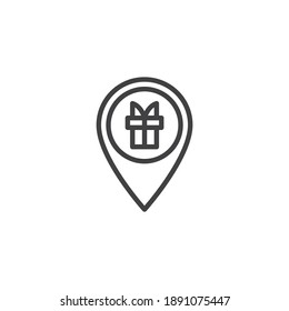 Symbol für die Position eines Geschenkartikels lineares Stilzeichen für mobiles Konzept und Webdesign. Kartenstift mit Geschenkbox Umriss Vektorsymbol. Symbol, Logo-Abbildung. Vektorgrafik