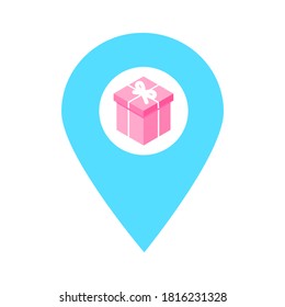 Gift store location map pin pointer icon. Element of map point for mobile concept and web apps. Icon for website design and app development. Premium souvenir store, present gift box flat icon sign.