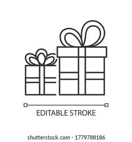 Gift store pixel perfect linear icon. Christmas surprises. Festive packages. Thin line customizable illustration. Contour symbol. Vector isolated outline drawing. Editable stroke