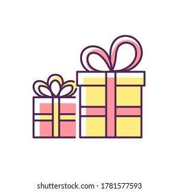 Gift store RGB color icon. Birthday boxes with bows. Christmas surprises. Festive packages. Presents shopping. Isolated vector illustration