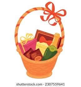 Gift straw basket full of champagne sweet candies wrapped boxes with bow isometric vector illustration. Holiday anniversary birthday festive celebration present greeting package wicker surprise