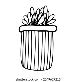 Gift striped box with a bow. Hand-drawn black and white vector illustration. Design, layout, template, logo, icon, sketch.
