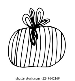 Gift striped box. Hand-drawn black and white vector illustration. Design, layout, template, logo, icon, sketch.