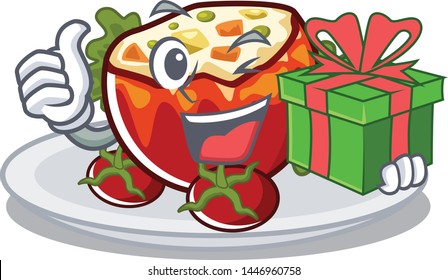 With gift stuffed tomatoes on a cartoon board