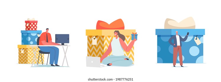 Gift for Subscription Concept. Tiny Characters Getting Presents for Subscribe Online in Internet Social Media Networks, Seller Promotional Campaign, E-commerce. Cartoon People Vector Illustration