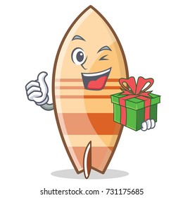 With gift surfboard character cartoon style