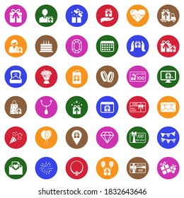 Gift And Surprise Icons. White Flat Collection In Circle. Vector Illustration.