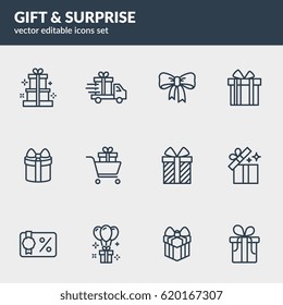 "Gift & Surprise" line icons set. Editable stroke. Eps10 vector 