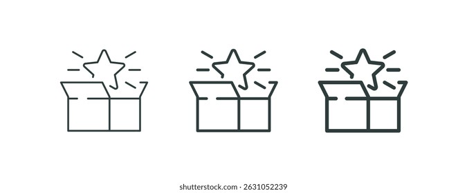 Gift surprise, prize bonus, mystery giftbox outline icons. Line signs open carton box with a shining five-pointed star. Vector isolated pictograms for web and apps on white background editable stroke.