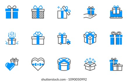 Gift and Surprise Vector Flat Line Icons Set. Gift Box Tied with Ribbon and Decorated with a Bow. Editable Stroke. 48x48 Pixel Perfect.