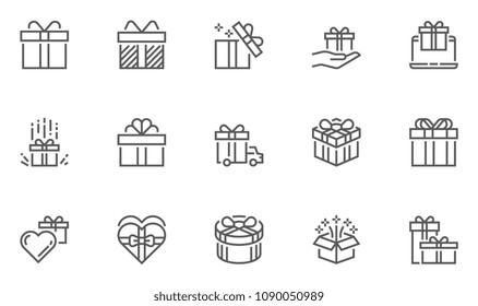 Gift and Surprise Vector Line Icons Set. Gift Box Tied with Ribbon and Decorated with a Bow. Editable Stroke. 48x48 Pixel Perfect.