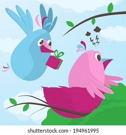 Gift from a sweetheart as a sweet little blue bird flies in to his nest carrying a gift box in its beak to cheer up his pink female mate who is having a bad day with depression, vector illustration