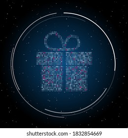 Das Geschenksymbol gefüllt mit weißen Punkten. Einige Punkte sind rosa. Vektorgrafik auf blauem Hintergrund mit Sternen