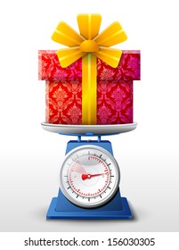 Gift symbol on scale pan. Weighing gift box on scales. Vector image for holiday, packaging supplies, congratulation, gift wrapping, packaging, etc. It has transparency, opacity masks, gradients