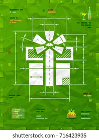 Gift symbol as technical blueprint drawing. Drafting of gift box on crumpled paper