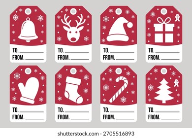 Gift tag. Bell gift tag. Snow design. Present labeling. Holiday season.