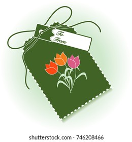 Gift tag with bouquet of flowers and ribbon. Sale and shopping concept. Design for postcard, banner, poster or print.