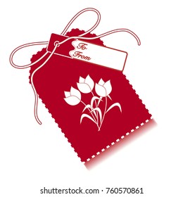 Gift tag with bouquet of flowers and ribbon. Sale and shopping concept. Design for postcard, banner, poster or print.