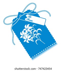 Gift tag with branch of lilies and ribbon. Sale and shopping concept. Design for postcard, banner, poster or print.