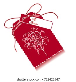 Gift tag with branch of lilies and ribbon. Sale and shopping concept. Design for postcard, banner, poster or print.