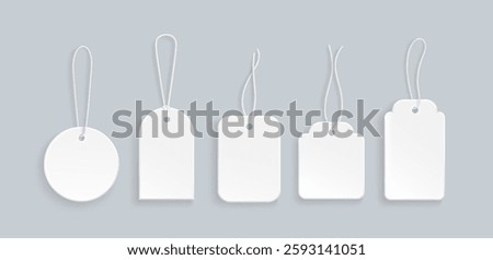Gift tag collection with white string of different shapes - round and rectangular, rounded corner, scalloped edge models. Empty price labels for shop merchandise. Blank 3d template mockup set.
