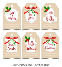 Gift tag or label for Christmas presents to tie it out and sign or write a congratulatory message. Traditional Christmas gift badge, tab or sticker with holiday decorations.