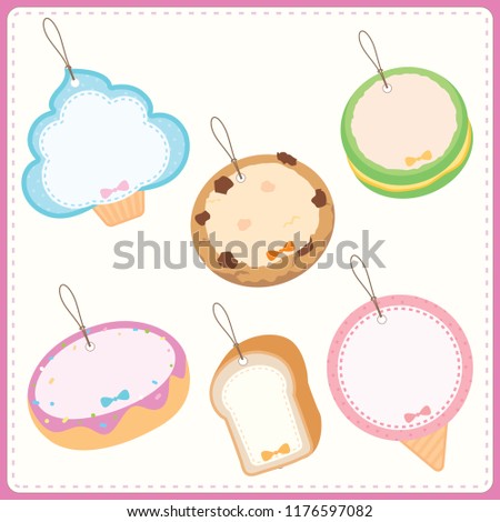 Gift tag label design with set of sweet dessert shape.