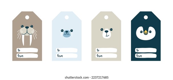 Gift tag and label vector templates with cute arctic animals - walrus, penguin, polar bear and fur seal