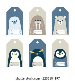 Gift tag and label vector templates with cute arctic animals - walrus, penguin, polar bear and fur seal