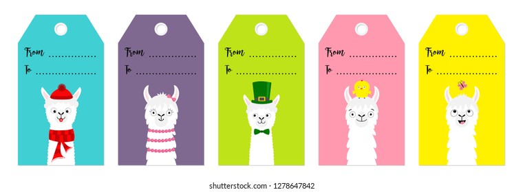 Gift tag set. Alpaca llama. Cute cartoon funny lama character. Colorful paper tags. Happy Valentines Christmas St Patrick day Easter Chicken Bird Butterfly Flat design. White background. Vector