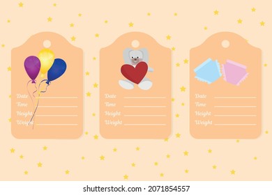 Gift tags baby shower. Commemorative cards about the weight, height, date, time of birth of the baby. Baby Arrival set. Vector illustration in a flat style.