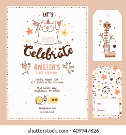 Gift tags and Birthday invitation card. Birthday party design elements with cat, birds and hand lettering