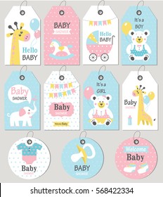 Gift tags and cards baby shower. Baby Arrival set. Vector illustration. 