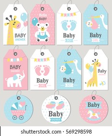 Gift tags and cards baby shower. Baby Arrival set. Vector illustration. 