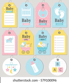 Gift tags and cards baby shower. Baby Arrival set. Vector illustration. 