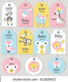 Gift tags and cards baby shower. Baby Arrival set. Vector illustration. 