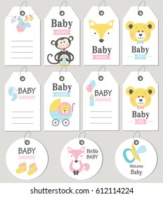 Gift tags and cards baby shower. Baby Arrival set. Vector illustration. 