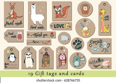 Gift tags, cards, labels and stickers with cute cartoon animals on craft paper. Hand drawn vector clipart. Thank you card, hand made, love, congrats and hello