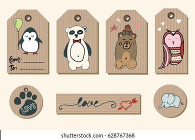 Gift tags, cards, labels and stickers with cute cartoon animals on craft paper. Hand drawn vector clipart. Thank you card, hand made, love, congrats and hello