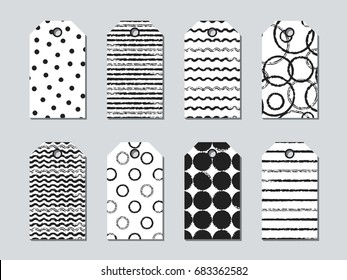Gift tags and cards set with hand drawn elements. Collection of holiday label paper in black and white. Seasonal badge sale design. Price tags and gift cards. Vector illustration. Texture. Print
