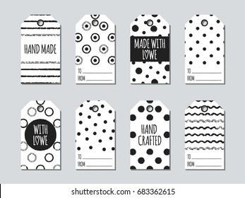Gift tags and cards set with hand drawn elements. Collection of handmade label paper in black and white. Hand crafted badge sale design. Price tag and hobby card. Vector illustration. Hand made print