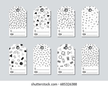Gift tags and cards set with memphis elements. Collection of holiday label paper in black and white. Seasonal jumble badge sale design. Price tags and gift cards. Vector illustration. Texture. Print.
