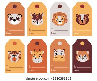 Gift tags with cute cartoon animals. Decoration for children's gifts. Vector faces of small animals